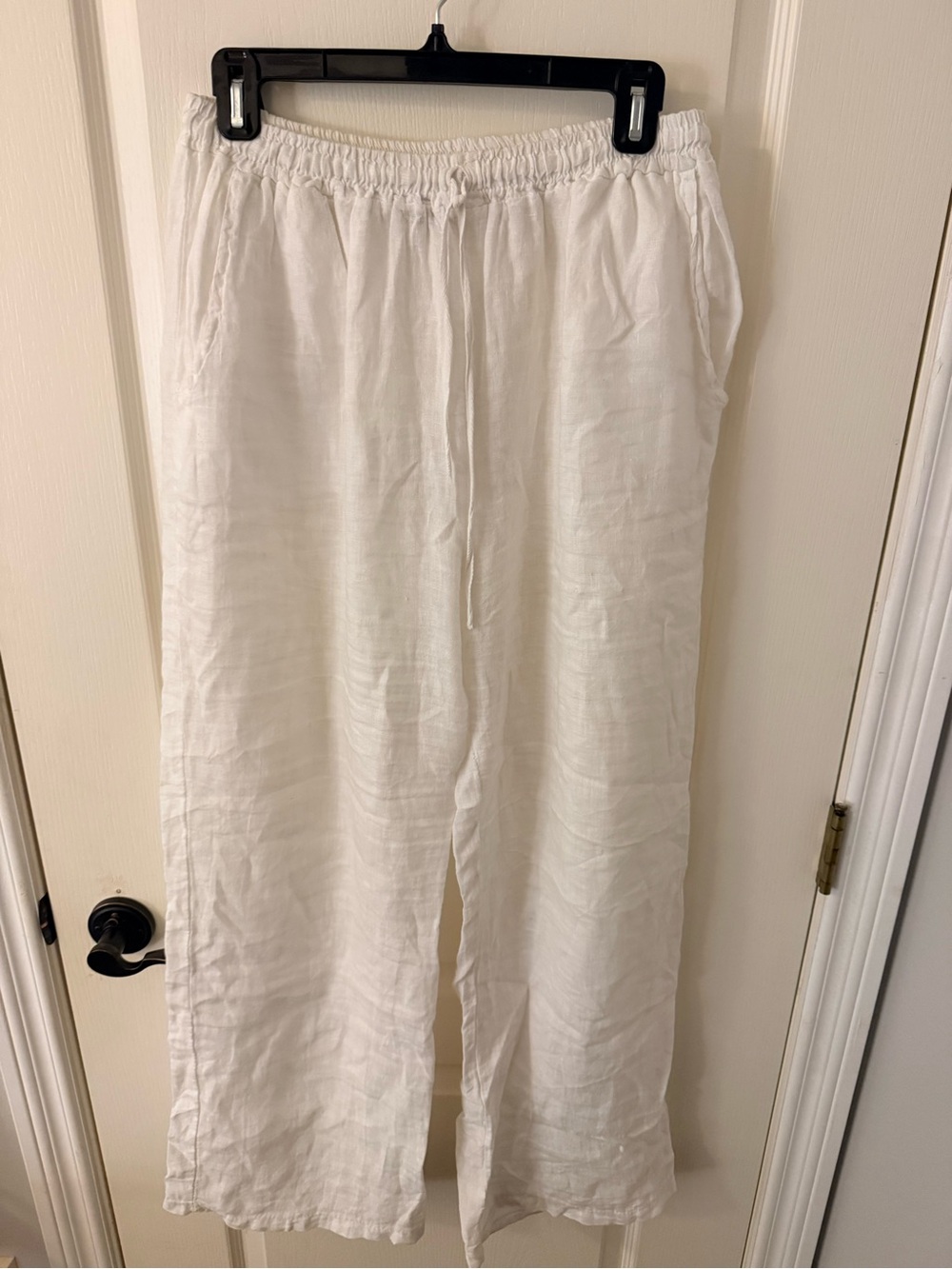 100% Linen White Elastic Waist Pants with Drawstring